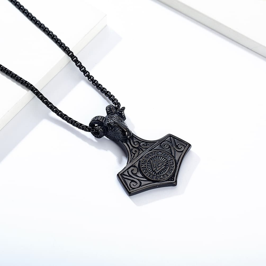 Men’s Stainless Steel Viking Ram Head Mjolnir Vegvisir Pendant Necklace preview 2