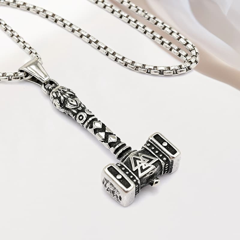 New Wholesale Men’s Viking Thor’s Hammer Mjolnir Necklace, Stainless Steel Runic Hip Hop Pendant Jewelry