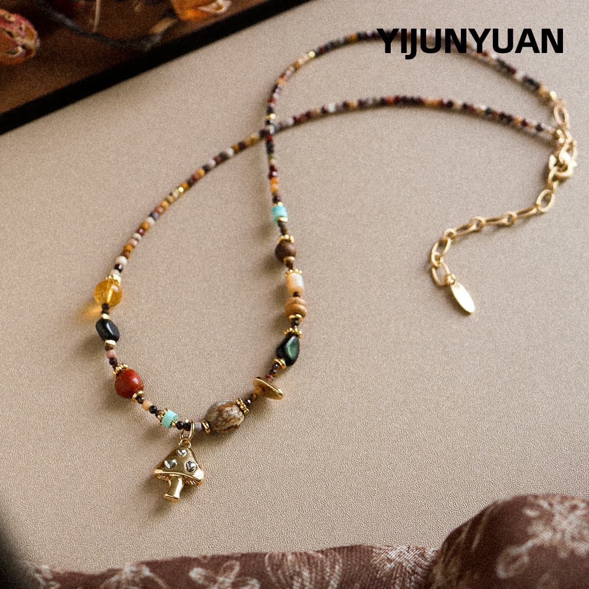 Vintage Sunrise Mushroom & Natural Stone Beaded Long Necklace for Women | Light Luxury Designer Aesthetic Layering Chain preview 3