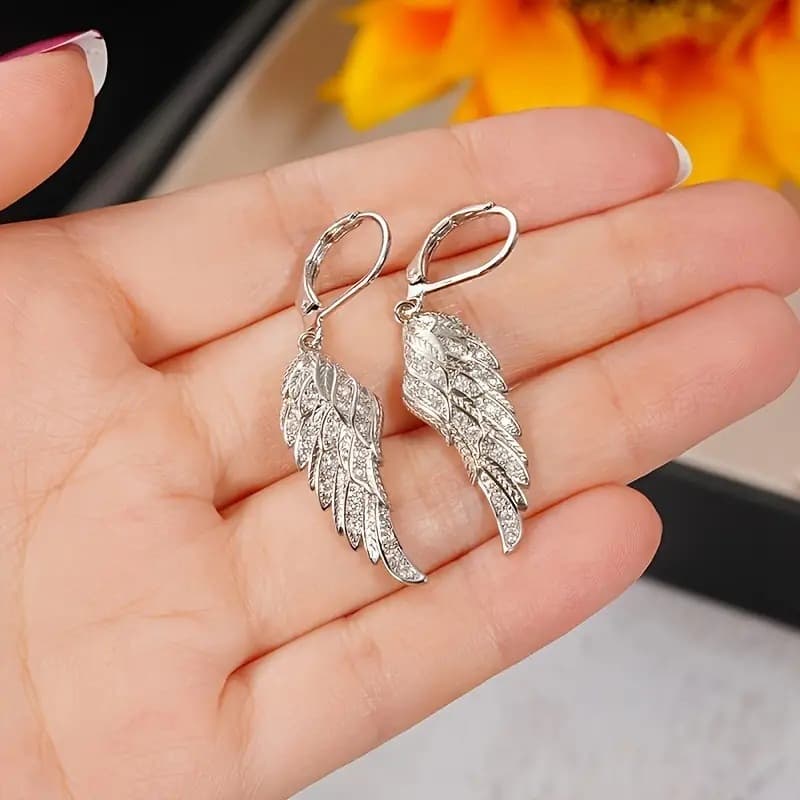 Luxury Bridal Feather Leaf Long Drop Earrings, Exquisite Angel Wings Wedding Dangle Studs preview 3