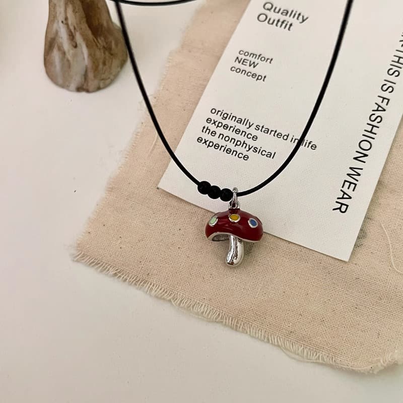 Designer Red Drip Oil Mushroom Pendant Necklace for Women | Adjustable Pull Cord Chain, Cute Chic & Niche Fashion Jewelry