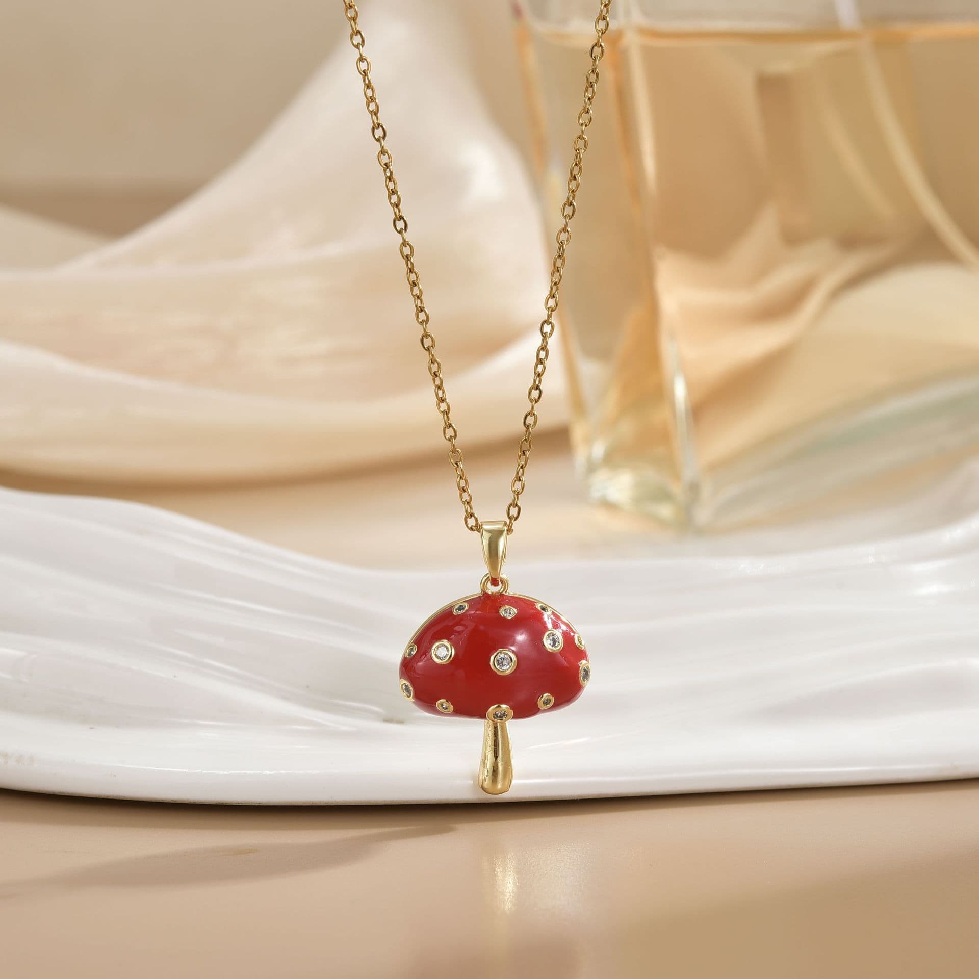 Fashion Titanium Steel Micro-Pave CZ Mushroom Necklace | Cute Drip Oil Pendant Clavicle Chain