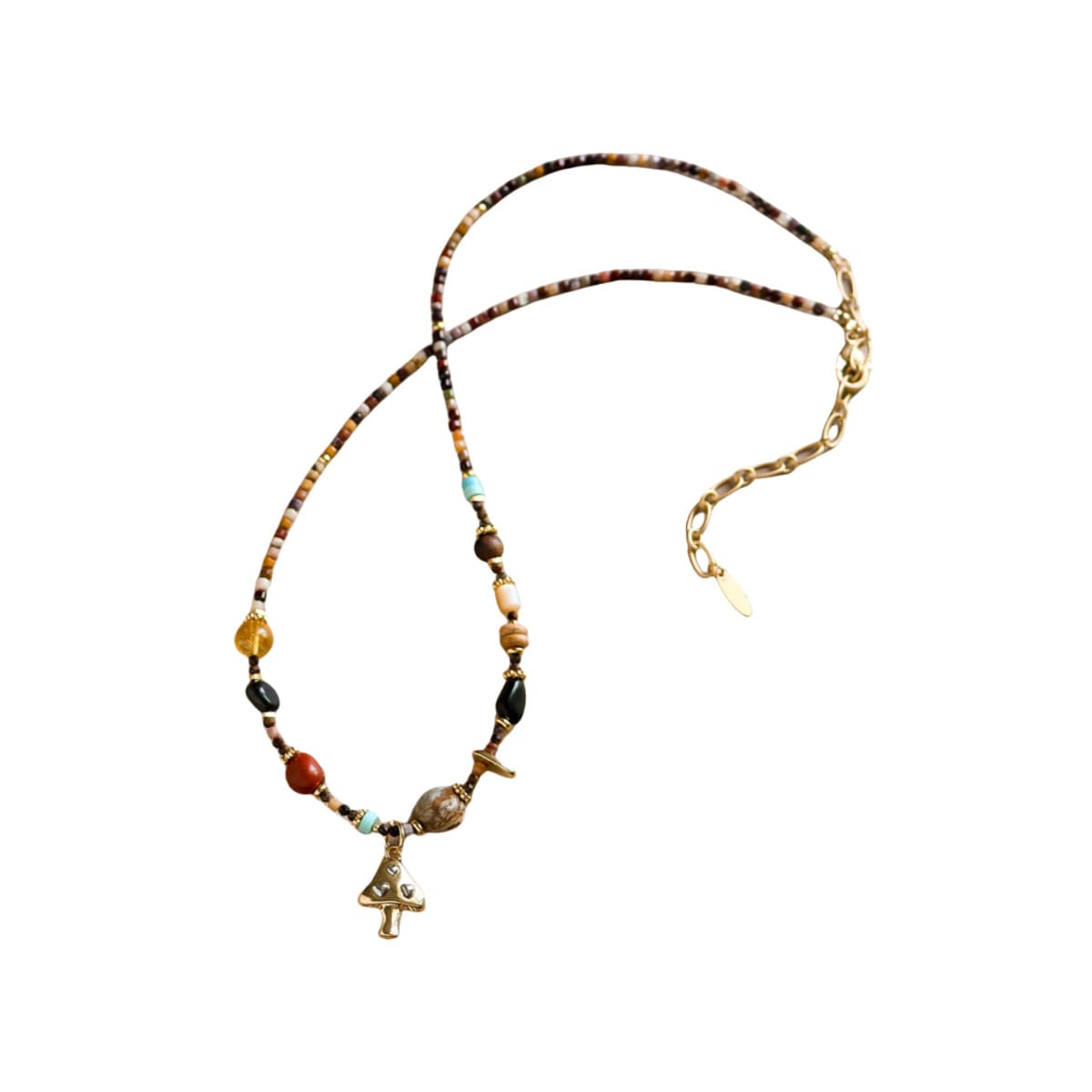 Vintage Sunrise Mushroom & Natural Stone Beaded Long Necklace for Women | Light Luxury Designer Aesthetic Layering Chain preview 2