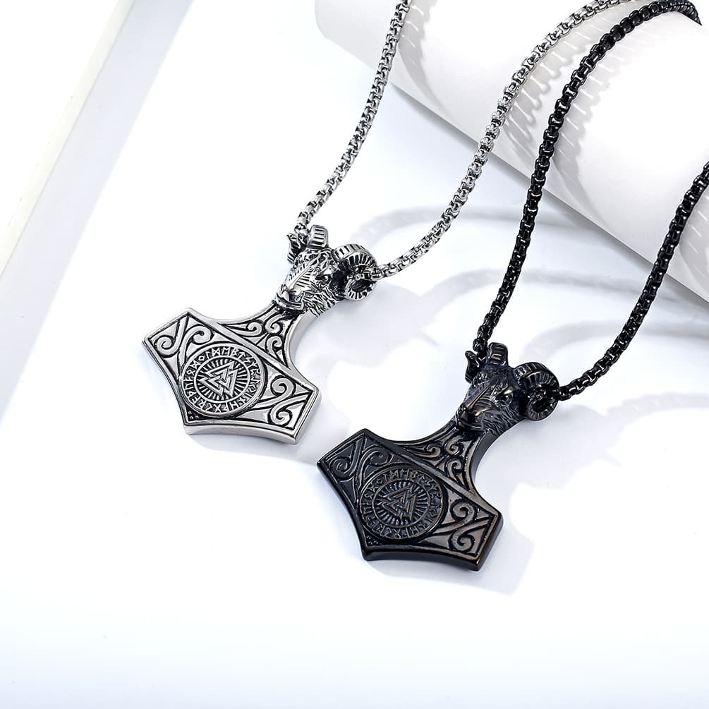 Men’s Stainless Steel Viking Ram Head Mjolnir Vegvisir Pendant Necklace