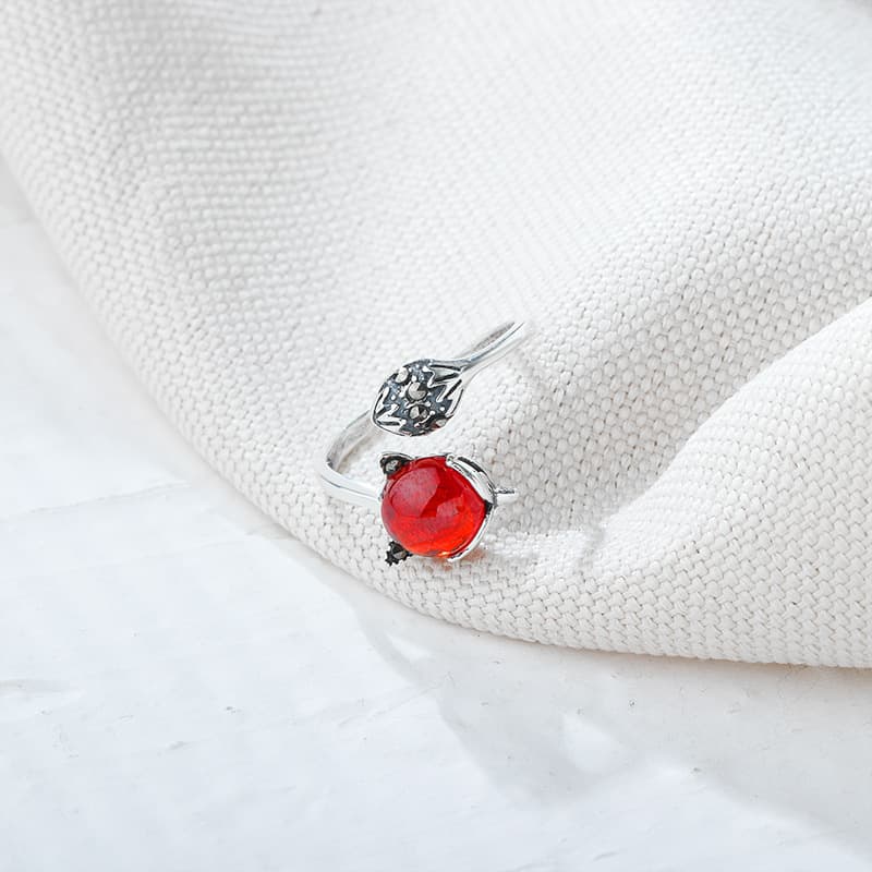 S925 Sterling Silver Garnet Fox Open Ring for Women | Thai Silver Retro Linghu Ring for Attracting Love preview 2
