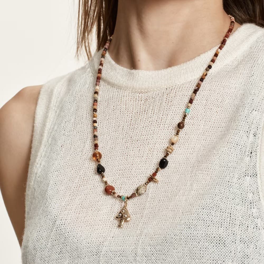 Vintage Sunrise Mushroom & Natural Stone Beaded Long Necklace for Women | Light Luxury Designer Aesthetic Layering Chain