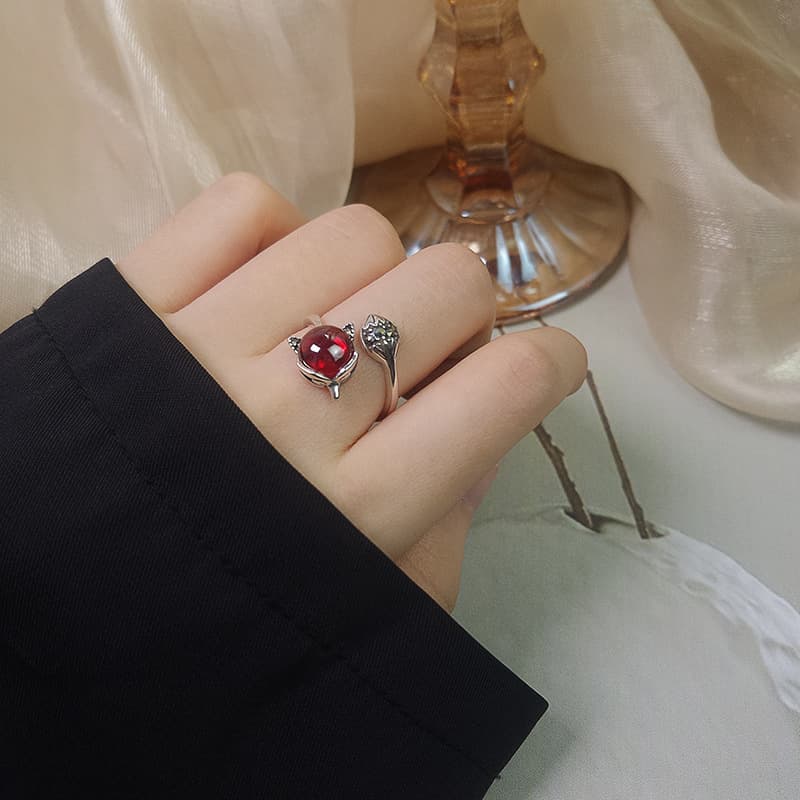 S925 Sterling Silver Garnet Fox Open Ring for Women | Thai Silver Retro Linghu Ring for Attracting Love